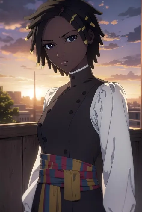 castlevaniaannette, <lora:castlevaniaannette-lora-nochekaiser:1>,
castlevaniaannette, short hair, black hair, dark skin, (black eyes:1.5), dark-skinned female, very dark skin, dreadlocks,
BREAK shirt, long sleeves, white shirt, belt, pants, vest, black pants, yellow vest,
BREAK looking at viewer, upper body, full body,
BREAK outdoors, night, sky,
BREAK <lyco:GoodHands-beta2:1>, (masterpiece:1.2), best quality, high resolution, unity 8k wallpaper, (illustration:0.8), (beautiful detailed eyes:1.6), extremely detailed face, perfect lighting, extremely detailed CG, (perfect hands, perfect anatomy),