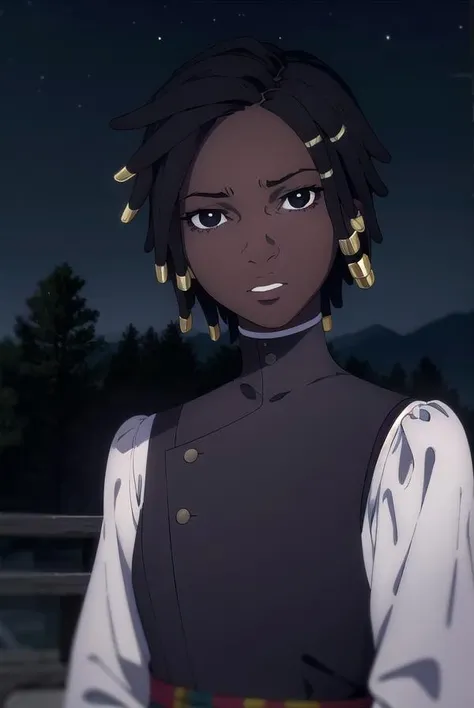 castlevaniaannette, <lora:castlevaniaannette-lora-nochekaiser:1>,
castlevaniaannette, short hair, black hair, dark skin, (black eyes:1.5), dark-skinned female, very dark skin, dreadlocks,
BREAK shirt, long sleeves, white shirt, belt, pants, vest, black pants, yellow vest,
BREAK looking at viewer, upper body, full body,
BREAK outdoors, night, sky,
BREAK <lyco:GoodHands-beta2:1>, (masterpiece:1.2), best quality, high resolution, unity 8k wallpaper, (illustration:0.8), (beautiful detailed eyes:1.6), extremely detailed face, perfect lighting, extremely detailed CG, (perfect hands, perfect anatomy),