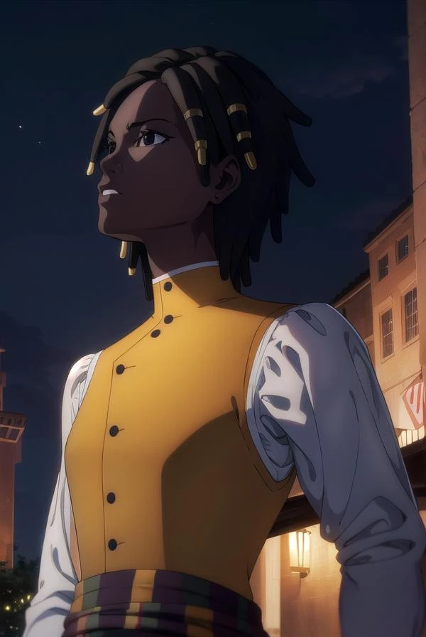 castlevaniaannette, <lora:castlevaniaannette-lora-nochekaiser:1>,
castlevaniaannette, short hair, black hair, dark skin, (black eyes:1.5), dark-skinned female, very dark skin, dreadlocks,
BREAK shirt, long sleeves, white shirt, belt, pants, vest, black pants, yellow vest,
BREAK looking at viewer, upper body, full body,
BREAK outdoors, night, sky,
BREAK <lyco:GoodHands-beta2:1>, (masterpiece:1.2), best quality, high resolution, unity 8k wallpaper, (illustration:0.8), (beautiful detailed eyes:1.6), extremely detailed face, perfect lighting, extremely detailed CG, (perfect hands, perfect anatomy),