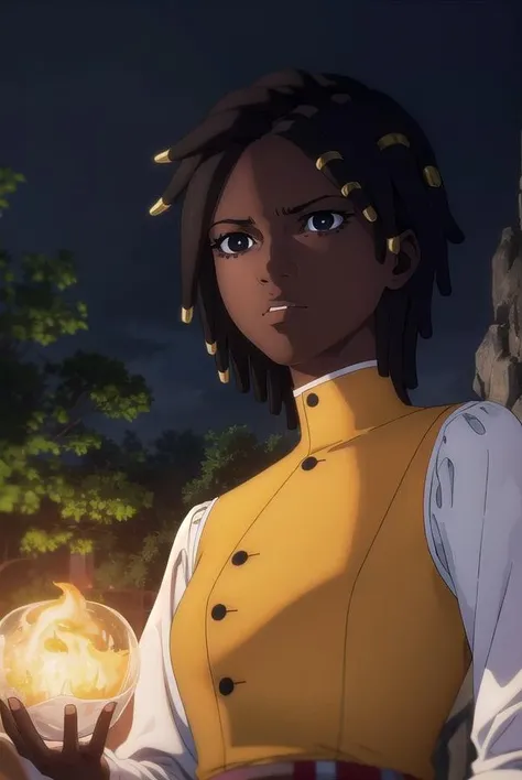castlevaniaannette, <lora:castlevaniaannette-lora-nochekaiser:1>,
castlevaniaannette, short hair, black hair, dark skin, (black eyes:1.5), dark-skinned female, very dark skin, dreadlocks,
BREAK shirt, long sleeves, white shirt, belt, pants, vest, black pants, yellow vest,
BREAK looking at viewer, upper body, full body,
BREAK outdoors, night, sky,
BREAK <lyco:GoodHands-beta2:1>, (masterpiece:1.2), best quality, high resolution, unity 8k wallpaper, (illustration:0.8), (beautiful detailed eyes:1.6), extremely detailed face, perfect lighting, extremely detailed CG, (perfect hands, perfect anatomy),