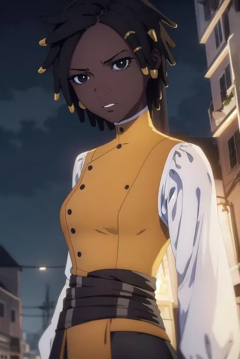 castlevaniaannette, <lora:castlevaniaannette-lora-nochekaiser:1>,
castlevaniaannette, short hair, black hair, dark skin, (black eyes:1.5), dark-skinned female, very dark skin, dreadlocks,
BREAK shirt, long sleeves, white shirt, belt, pants, vest, black pants, yellow vest,
BREAK looking at viewer, upper body, full body,
BREAK outdoors, night, sky,
BREAK <lyco:GoodHands-beta2:1>, (masterpiece:1.2), best quality, high resolution, unity 8k wallpaper, (illustration:0.8), (beautiful detailed eyes:1.6), extremely detailed face, perfect lighting, extremely detailed CG, (perfect hands, perfect anatomy),