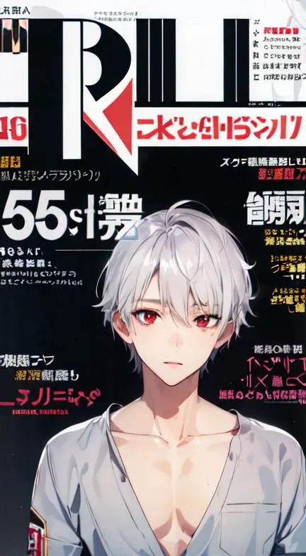 beautiful, masterpiece, best quality, (magazine cover:1.4), red writing, 1boy, ikemen, handsome, silver hair, red eyes