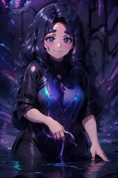 anime, <lora:sd15_lora_beta:0.1>, <lora:ETO_OC:0.1> ETO-OC, <lora:ETO_OCC006:0.8>, ETO_OCC, (curly hair:1.3), (long hair:1.1), (black hair:1.5), thick eyebrows, (plump:1.1), 1girl, (parted bangs:1.8), <lora:DraconicTech-15:0.5> draconictech, scifi, ((iridescent:1.9)), (smile:1.2), reflections, glowing, energy, sparks, vibrant plasma, (apple-cheeks, round-face, round-chin),(anime screencap:0.8), bioluminescence,