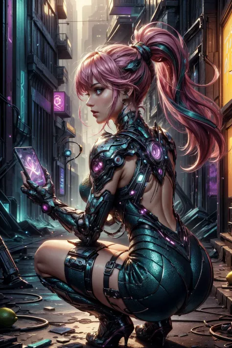 (ultra realistic,32k, masterpiece:1.2),(high detailed skin:1.1),( high quality:1.1),
1girl, pink hair, ponytail hair, bangs,(aqua eyes:0.5),short armor dress,dragon scale, thigh highs, [<lora:DraconicTech:0.8>draconictech,scifi,obsidian:<lora:lemonlime-style-darquelilly-v1:0.5>lemonlimestyle,lemon,lime, lemons, limes,:25],(looking at viewer, squatting:1.1),, huge breast,large breast,cleavage,,<lora:add_detail:0.87>,
(dense light rays:1.1),  cyberpunk theme, cyberpunk street market, tech peddlers, bootleg software, modified gadgets, back-alley deals ,blurry background