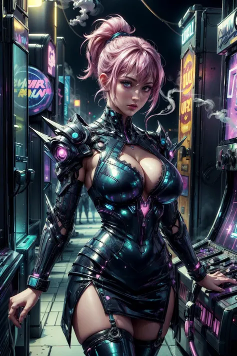 (ultra realistic,32k, masterpiece:1.2),(high detailed skin:1.1),( high quality:1.1),
1girl, pink hair, ponytail hair, bangs,(aqua eyes:0.5),short armor dress,dragon scale, thigh highs, [<lora:DraconicTech:0.8>draconictech,scifi,obsidian:<lora:edgBonesv1:0.5>edgBones, wearing edgBones, skeleton bones, dress with skeletal bones,bones,skulls, (blood, blood splatter:1.2),:25],(looking at viewer, standing, from above:1.1),, huge breast,large breast,cleavage,,<lora:add_detail:0.83>,
(ambient lighting:1.1),  cyberpunk theme, stealth hacker's den, encrypted hideouts, hacking tools, covert operations, digital infiltration ,blurry background