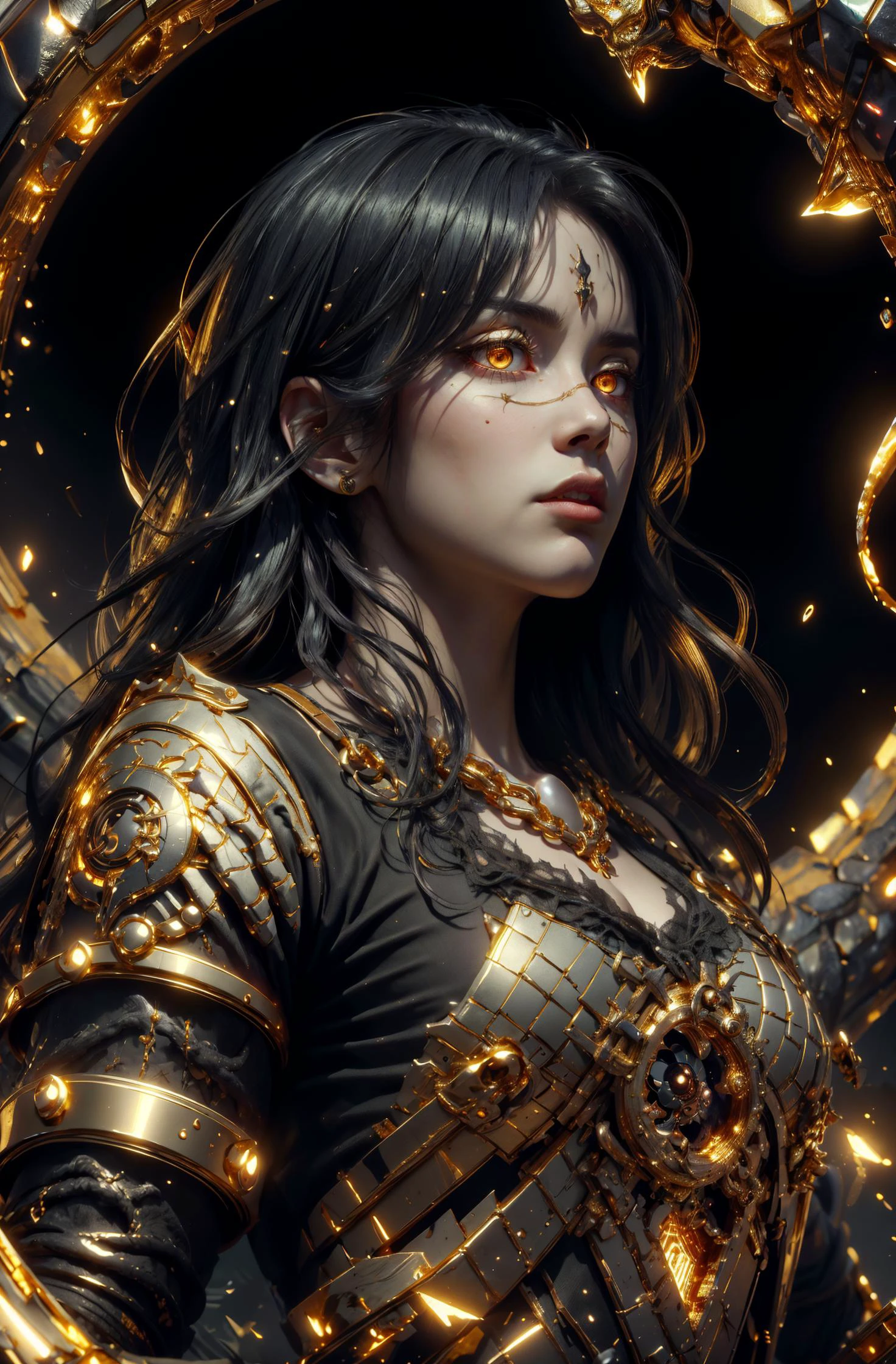 (masterpiece, best quality, detailed), high contrast, portrait, expressionless, closed mouth, sad eyes, <lora:From_Below_FefaAIart:0.8> from below, low angle shot, (gold color scheme:1.2), <lora:MidasMagic-22:0.5> midasmagic, glint, gleam, medieval clothing, <lora:DraconicTech-15:0.6> draconictech, demonic, obsidian, red and gold, 1girl, <lora:csm_yoru-20:0.8> yoru \(chainsaw man\), glowing eyes,