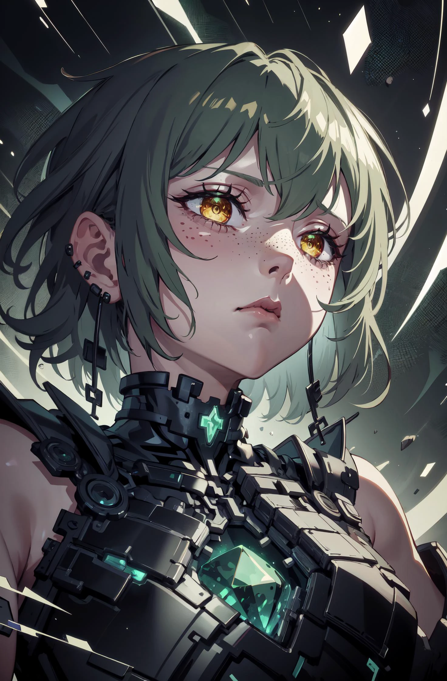 (masterpiece, best quality, detailed), (green, green glow:1.2), portrait, (dutch angle, from below:1.3), expressionless, closed mouth, simple background, 1girl, <lora:DraconicTech-15:0.5> draconictech, medieval armor, <lora:GemTech-22:0.4> gemtech, internal reflections, (green gemstone), BREAK <lora:fami:0.7> 1girl, grey hair, short hair, earrings, yellow eyes, freckles, (style-swirlmagic:0.6), energy background,