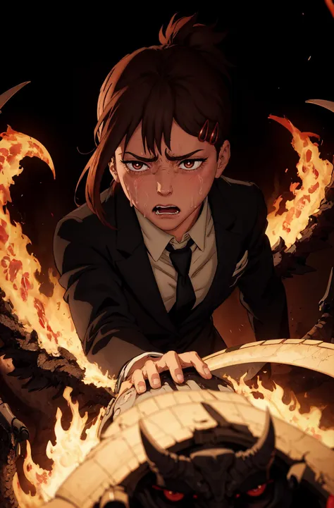 (masterpiece, best quality, detailed), portrait, solo, (red glow:1.2), 1girl, <lora:DraconicTech:0.6> draconictech, suit, BREAK, <lora:kobeni higashiyama s1-lora-nochekaiser:0.8> kobeni higashiyama, (crying:0.7), (cowering, scared:1.4), black hair, hair ornament, hairclip, (mole, mole under eye:0.6), ponytail, short hair, (brown eyes), formalwear, fire, (style-swirlmagic:0.4), spotlight background, backlighting, <lora:LowRA:0.1> dim light,