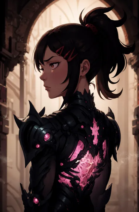 (masterpiece, best quality, detailed), portrait, solo, closed mouth, (red glow:1.2), 1girl, <lora:DraconicTech-15:0.8> draconictech, armor, BREAK, <lora:kobeni higashiyama s1-lora-nochekaiser:0.6> kobeni higashiyama, worried, black hair, hair ornament, hairclip, (mole, mole under eye:0.6), ponytail, short hair, (brown eyes), formalwear, fire, (style-swirlmagic:0.4), spotlight background, backlighting, <lora:LowRA:0.1> dim light,