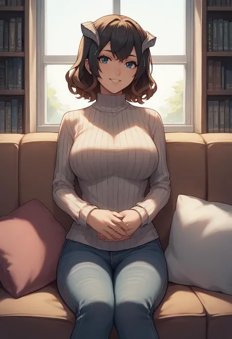 score_9, score_8_up, score_7_up, source_anime, 1girl, smile, looking at viewer, <lora:MiriamBS-pdxl:1> miriamBS, short hair, hair ornament, horns, large breasts, ribbed sweater, jeans, sitting, hands on lap, couch, cushion, window, bookshelf
