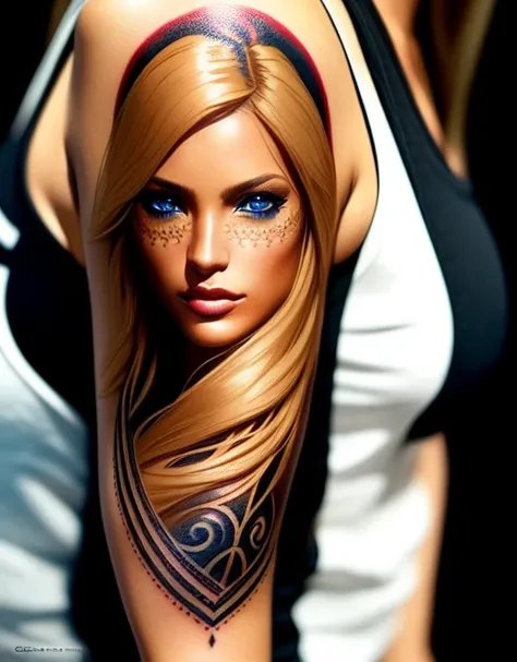 woman-with-golden-hair-hazel-eyes-tanned-skin-with-frekkles-glowing tattoos arm, trending on artstation, sharp focus, studio photo, intricate details, highly detailed, by greg rutkowski