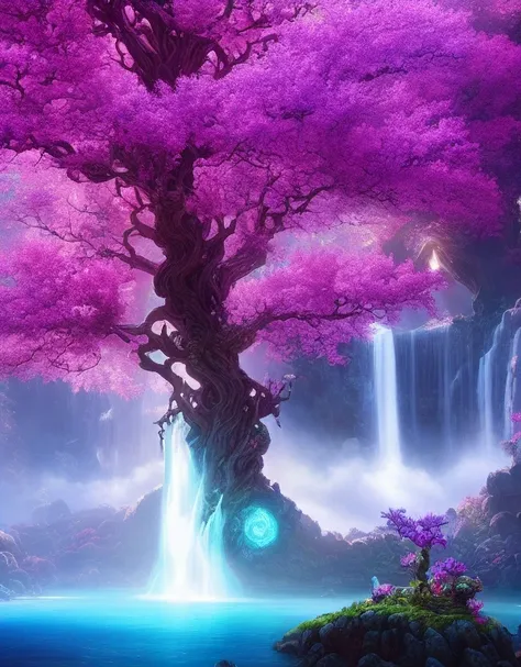 a wide shot of The Tree of Souls from avatar, colorful flowers, cascading waterfalls, highly detailed, intricate details, trending on artstation, sharp focus, intricate details, volumetric lighting, sun rays, soft lighting, highly detailed, by greg rutkowski and lisa frank