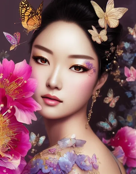 A highly detailed and hyper realistic portrait of a gorgeous Japanese Goddess, by alberto seveso and lisa frank, trending on artstation, butterflies, floral, sharp focus, studio photo, intricate details, highly detailed, by Tvera and wlop and artgerm