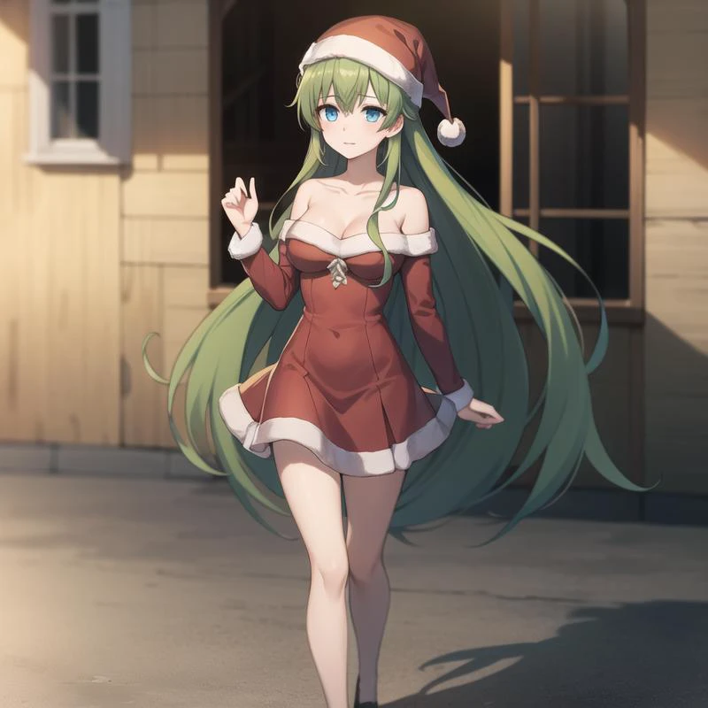 icm-anastasia, santa costume, long hair, green hair, blue eyes, collarbone, medium breasts, full body, solo, 1girl, highres, high quality, masterpiece, many details, outdoors <lora:icm-anastasia-000003:0.4>