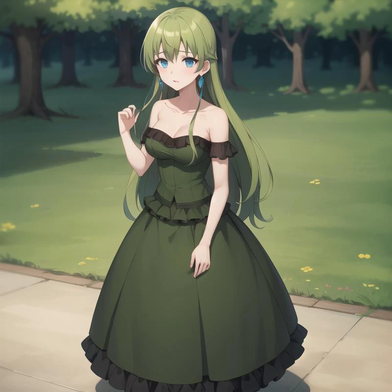 icm-anastasia, green dress, long hair, green hair, blue eyes, collarbone, medium breasts, full body, solo, 1girl, highres, high quality, masterpiece, many details, outdoors <lora:icm-anastasia-000003:0.4>