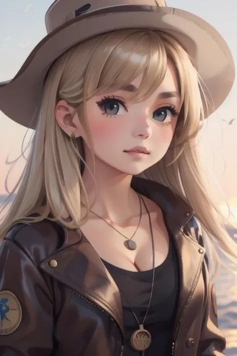 <lora:Shay_Qin-04:0.8> shay qin, blonde, grey eyes, jacket, necklace, cleavage, hat,, (thighs and up):1.5, (face focus), facing viewer, high detailed eyes, high detailed face,