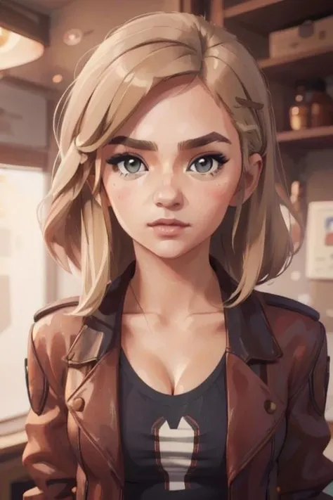 <lora:Shay_Qin-04:0.8> shay qin, blonde, grey eyes, jacket, cleavage, <lora:arcane_offset:0.75> arcane style, (thighs and up):1.5, (face focus), facing viewer, high detailed eyes, high detailed face,