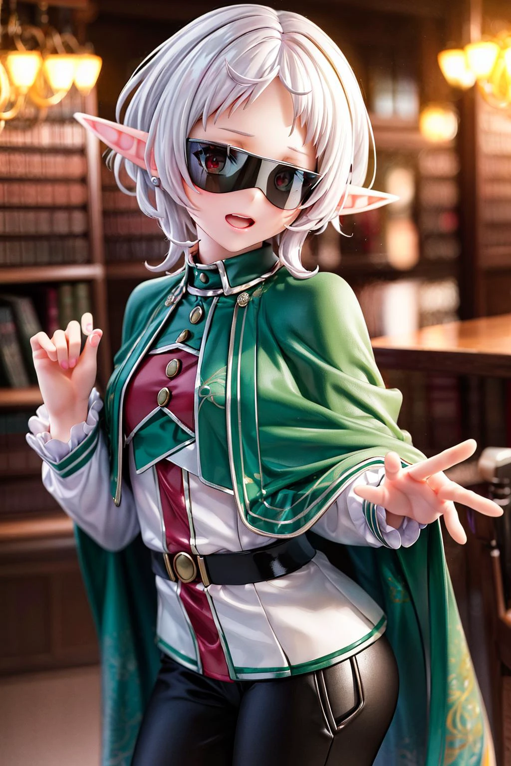 masterpiece, ultra detailed background, delicate pattern, intricate detail, highly detailed, fine details, best quality, beautiful lighting, 4K, 8K, beautiful detailed eyes, glowing eyes, shine eyes,
1girl, (face to camera:1.2), (looking at viewer:1.2), (cowboy shot:1.3),
solo, raytracing, detailed face, (wide hips:0.8), white hair, red eyes, short hair, pointy ears, elf, pants, (full sunglasses:1.2), shirtm, (green cloak:1.2), (black pants:1.2),
<lora:SylphietteNDV:0.6>, SylphietteNDV, library,
<lora:detail_slider_v4:2>,
<lora:more_details:0.4>,
<lora:shou-v50:0.2>,