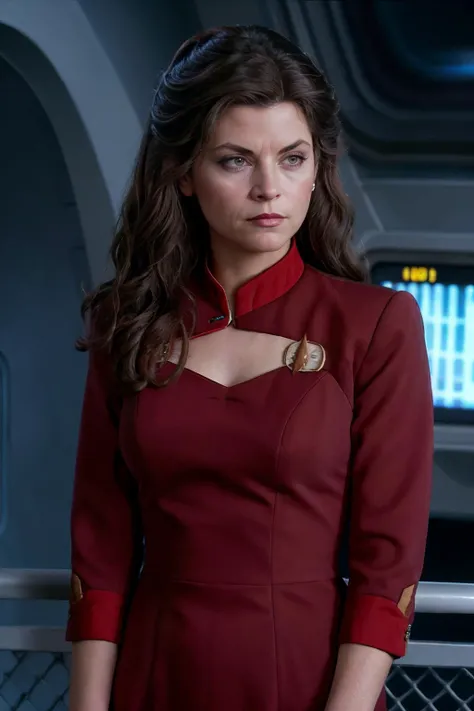 close up, realistic photo of Krloal, a middle aged woman, stoic expression, skeptical expression, wearing a red star trek dress, standing on the bridge of the Enterprise, looking at the camera, realistic, (masterpiece:1.1), (best quality:1.1), beautiful, (intricate details), unity 8k wallpaper, ultra detailed, aesthetic, flash photography lighting,  <lora:Krloal_V1_LoCon-000010:0.85>