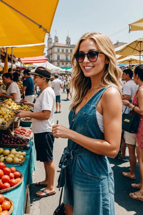 Compose a vibrant and detailed vacation scene featuring a blond woman with light eyes, surrounded by a lively crowd in a bustling outdoor market during a sunny day. The background should be filled with a diverse array of people engaged in various activities, such as shopping, enjoying street food, or exploring colorful stalls. Capture the energy of the scene with everyone bathed in the warm sunlight, creating dynamic shadows and highlights. The woman, dressed in casual yet stylish vacation attire, should be at the center of the frame, perhaps interacting with a street vendor or capturing the moment with her camera. Ensure that the level of detail in both the individual and the lively background is so meticulously rendered that it captures the spontaneity and joy of a real vacation photograph, transporting viewers to the vibrant atmosphere of this bustling market