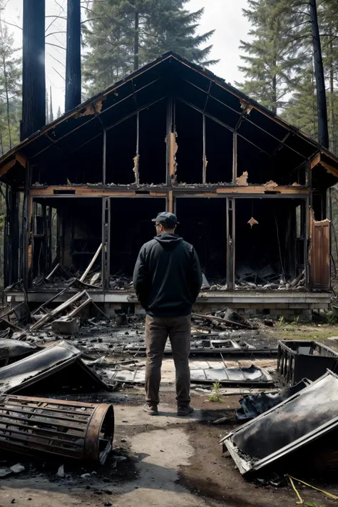 PA sad man standing in front of a burnt down home in a forest, stunning details, 8k