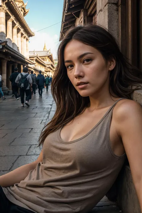 photorealistic highly detailed 8k photography, best street shot quality, volumetric lighting, plain clean earthy young woman, casual street wear, Lying Down with Propped-Up Head, realistic skin and hair texture, Steadicam Walk through an Urban Landscape, Monasteries or Temples full of busy people