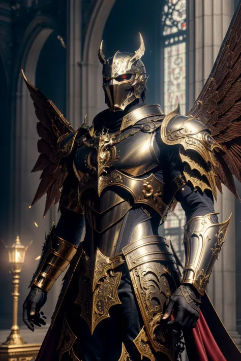 <lora:hades_armor_v3:0.7>
masterpiece, best quality, intricate details, highly detailed raw photography, photorealism, photorealistic, Real-Time Ray Tracing lighting, volumetric lighting, volumetric shadows, 8k-perfect-octane
young man in Satin Sheets Gold hades_armor, shoulder armor, pauldrons, breastplate, armor reflexions, red scarf, undercut, letter pose, perfect sharp eyes, long metal demon wings, muscular body, extreme closeup
A place located in the year 1900 with influence of Baroque and Neo-Gothic architecture, Bokeh Background Lights, lighting particles in the air concept