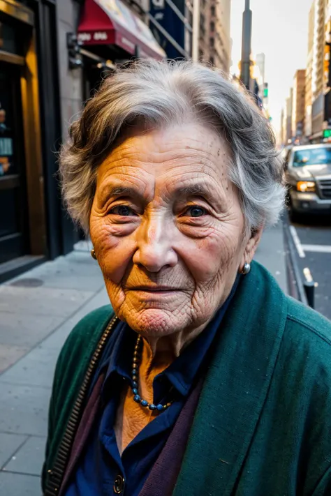 a wise old woman captured in the streets of new york city, highly detailed, masterpiece, phtorealistic