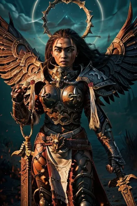 an epic painting of moana wearing the armor of adepta sororitas, whsororitas, halo over her head, masterpiece, 1girl, woman, dark skin, beautiful face, (dynamic fighting pose), armored angel wings, dualwielding swords, detailed eyes, looking at camera, determined, grim, dark pupil, white hair, (braided dreadlock hairstyle), battle-scars, scar on the eye and on the cheek, dark fantasy, gothic art, vivid contrasts, vibrant colors, fighting a demonic monster, purity seal on armor