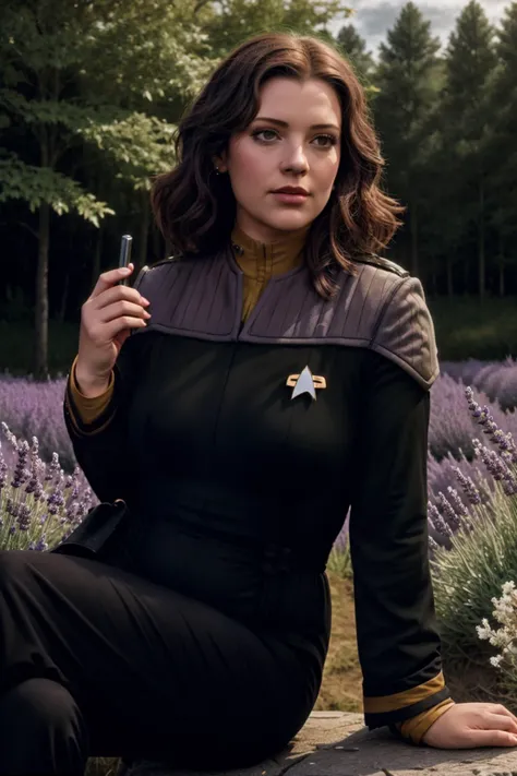 (ds9st operations:1.3),black sleeves,<lora:Ds9Divi:0.8>
BREAK
masterpiece of photorealism, photorealistic highly detailed professional 8k raw photography, best hyperrealistic quality, volumetric real-time lighting and shadows, **Loop Lighting**: Similar to Rembrandt lighting but with a less prominent shadow, forming a loop on the subject's cheek, Dynamic Follow Shot through a Forest Canopy, Historical Regency Era Woman, Plus Size: Larger sizes with varying body shapes, celebrating diversity,
Multi-Tonal Pastel Feather Extensions, dynamic Sitting on Edge: Seated on the edge of a surface, conveying confidence, Harvested Lavender Fields with Bales, alive scene with busy people or animals in the background