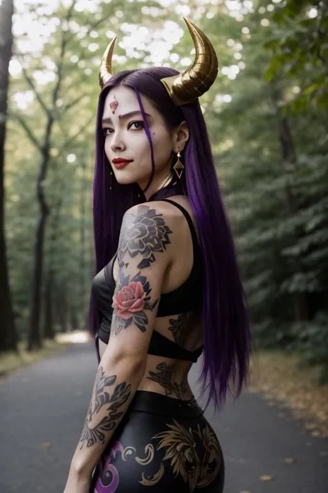 high quality. masterpiece, 8k, street, tree, road, tree canopy, upper body, face focus, 1girl, arrogant, mei, horns, long hair, (purple eyes:1.1), purple Amethyst hair, evil smile, big grin, golden red copper sliver tattoo black leggings, Amethyst laced glow tattoo black bodystockings, lace fractal red and golden glow enhanced skeleton Amethyst black tattoo bodysuit, red flower tattoo, long glow hair, glow golden earrings, red eyes, white face, tattoo mark mask tattoo, arrogant, she is standing, sunlit, weak lights and shadow, tree canopy, street, red flowers, evergreen, face focus,