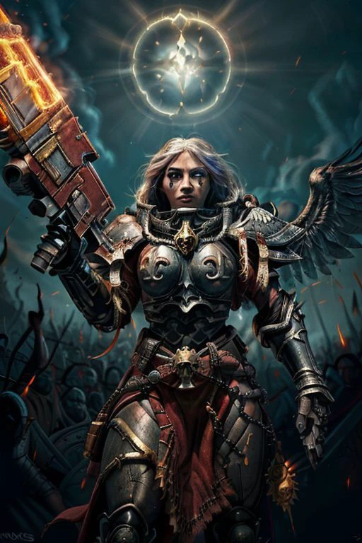 an epic painting of moana wearing the armor of adepta sororitas, whsororitas, halo over her head, masterpiece, 1girl, woman, dark skin, beautiful face, (dynamic fighting pose), armored angel wings, holding a flamethrower, detailed eyes, dark pupil, (white hair, braided dreadlock hairstyle), battle-scars, scar on the eye and on the cheek, dark fantasy, gothic art, vivid contrasts, vibrant colors, fighting a battle against a flame demon, purity seal on armor