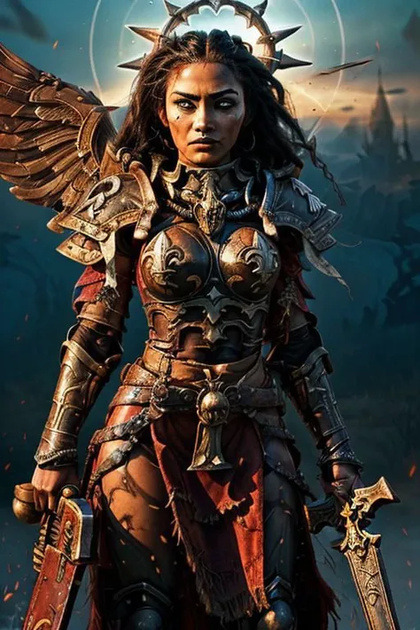 an epic painting of moana wearing the armor of adepta sororitas, whsororitas, halo over her head, masterpiece, 1girl, woman, dark skin, beautiful face, (dynamic fighting pose), armored angel wings, dualwielding swords, detailed eyes, looking at camera, determined, grim, dark pupil, white hair, (braided dreadlock hairstyle), battle-scars, scar on the eye and on the cheek, dark fantasy, gothic art, vivid contrasts, vibrant colors, fighting a demonic monster, purity seal on armor