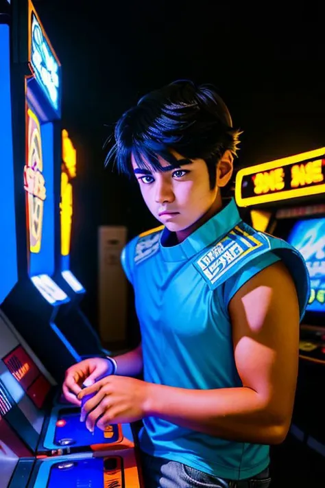 1boy, xxseiyapegasusxx, solo
playing an arcade game machine , passionate,  
very engaged in the game,
(lifestyle photography | documentary photography), upper body,
realism, sharp focus, neon lighting