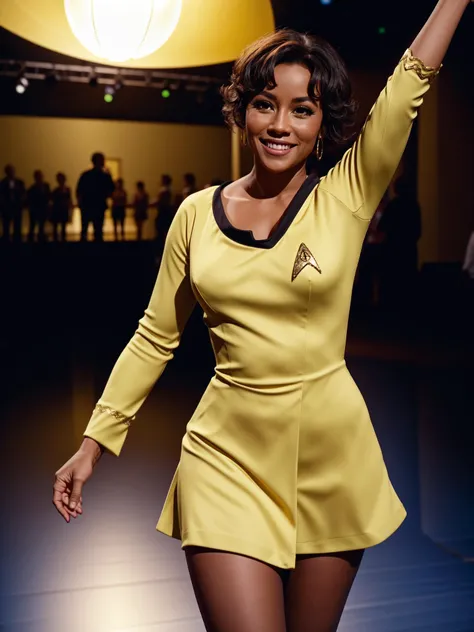 a woman in a yellow startrektos dress dancing,dancefloor,club,RAW Photo, 8k uhd, dslr, soft lighting, high quality, film grain, higly detailed face,ultra detailed,masterpiece quality,Fujifilm XT3 <lora:StartrekTosV3-000028:0.8>