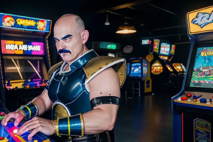 napa, 1man, bald, black eyes, mustache, solo,
dark blue saiyan armor, dark blue vambraces, dark blue boots, faulds, black briefs, tail around waist 
playing an arcade game machine , passionate about the game, 
(lifestyle photography | documentary photography), full body,
realism, sharp focus, neon lighting