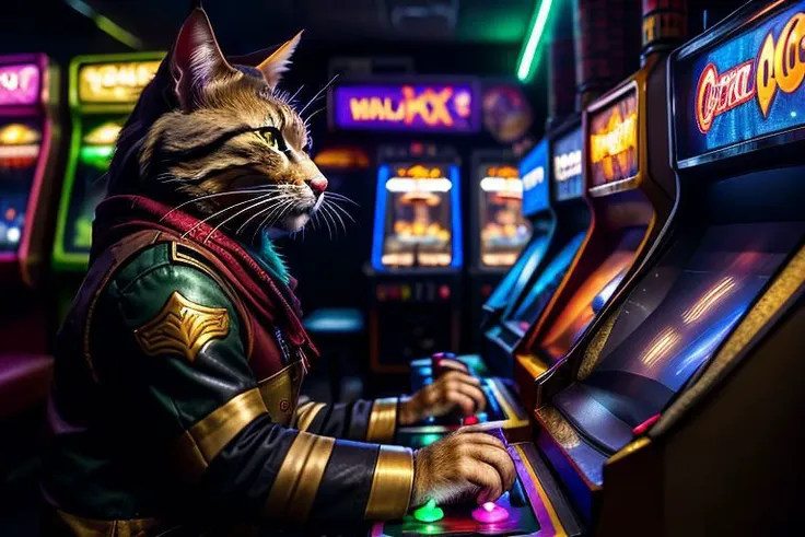 1 tabaxi, solo, smart casual clothes
playing an arcade game machine , passionate about the game, a cup of coke standing by
(lifestyle photography | documentary photography), upper body,
realism, sharp focus, neon lighting