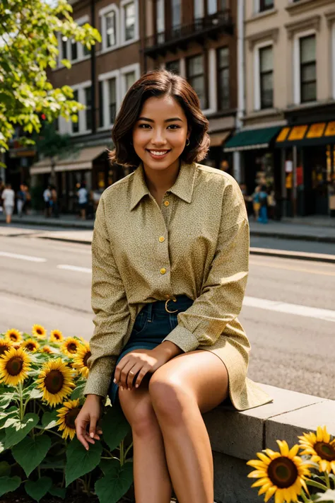 vintage style photo of Medium format photorealistic highly detailed 8k photography, (Plain young woman seated with crossed legs:1.1), Best street shot quality, Volumetric lighting, Casual street wear, Realistic skin texture, Earthy color tones, Lush vibrant blooms, A proud and confident smile expression, Time-lapse scene, Vivid sunflower mazes full of busy people captured with a Phase One XF IQ4 150MP Camera, 80mm f/2.8 lens, Rich natural details, Sharp clarity, Rich colors portraying life-like essence. Retro, nostalgic, old-fashioned, timeless