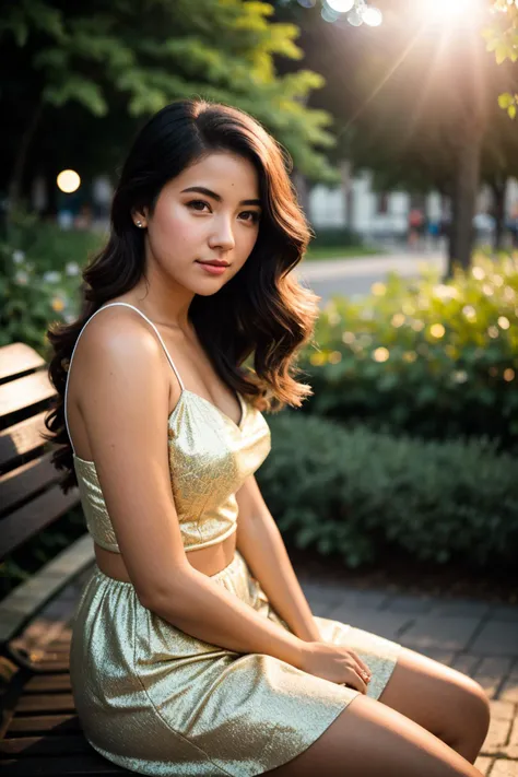 vintage style photo of Medium format high-definition film photography, (Plain young woman sitting on park bench:1.2), Best street shot quality, Volumetric sunlight, (Casual street wear:1.2), Sideways glance, Realistic skin texture, Shiny hair strands, (Moonlit garden pathways:1.3), Busy night scene, Underwater perspectives, Crisp details, Captured with an 8k Senzula camera, 50mm f/1.8 lens, Clear shadows, Vivid colors, Intricate lighting. Retro, nostalgic, old-fashioned, timeless