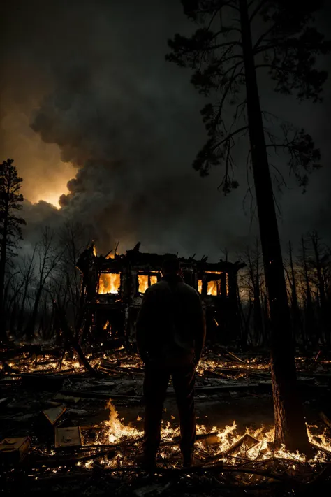 vintage style photo of (Despairing man by scorched residence:1.2), Rule of thirds composition, Ruined dwelling, Ashen remnants, (Ashen disaster:1.3), Charred trees, Soaring flames, Eerie silence, (Devastated forest:1.2), Dim firelight glow, Haunting aftermath. Retro, nostalgic, old-fashioned, timeless