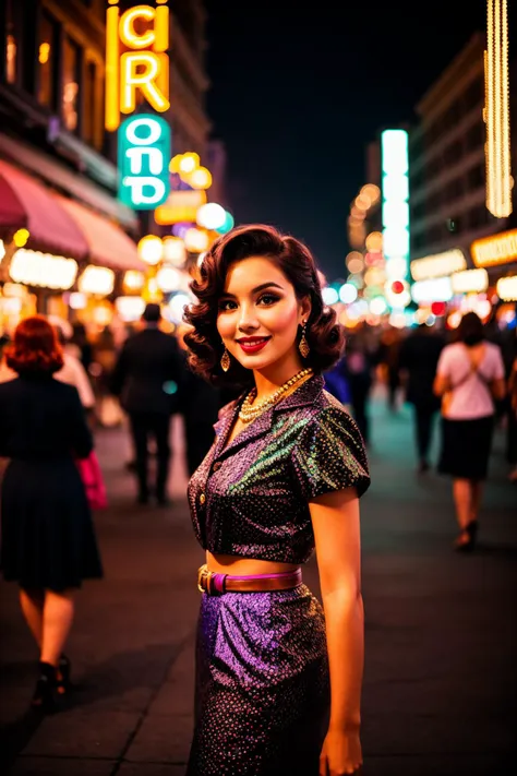 vintage style photo of (Stylish woman amidst night city lights:1.2), Off-center composition, Crowded street scene, Bright hues, (Confident expression:1.2), Luminous colors, Urban vibrance, Exquisite details, Multicolored illumination. Retro, nostalgic, old-fashioned, timeless