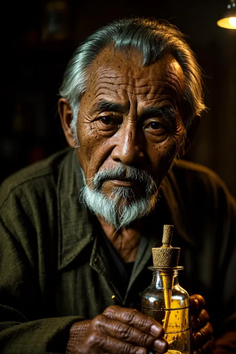 vintage style photo of Medium format film photography, (Aged philipine old man with potion bottle:1.2), Detailed concept, Traditional healer, (Sharp focus:1.3), Offering herbal medicine, Piercing gaze, Mystical surroundings, (Cinematic lighting:1.2), Rendered with Octane Render. Retro, nostalgic, old-fashioned, timeless