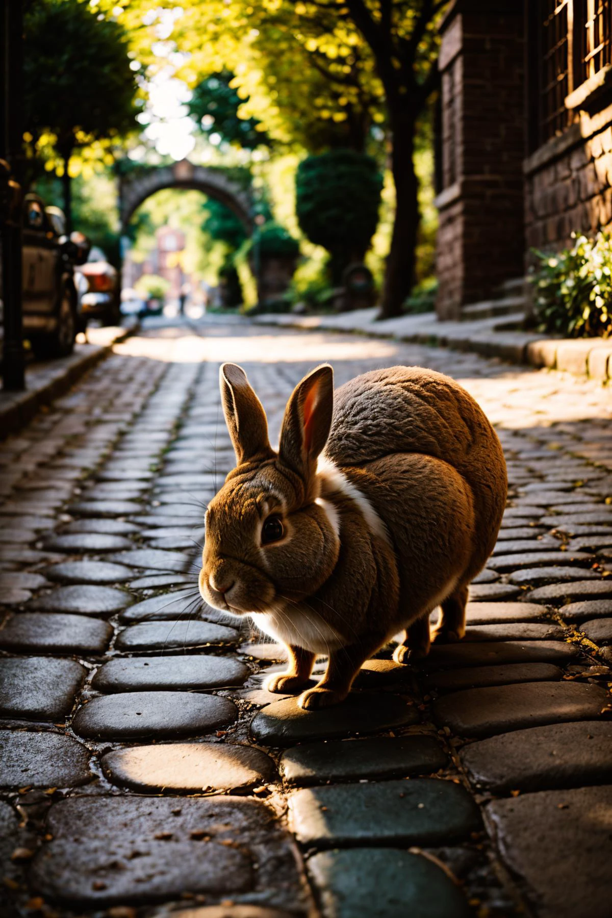vintage style photo of Medium format film photography, (Curious rabbit exploring cobblestone path:1.3), Dynamic composition, Round bread in paws, (Colorful fantasy setting:1.2), Dappled sunlight, Playful details, Charming allure. Retro, nostalgic, old-fashioned, timeless