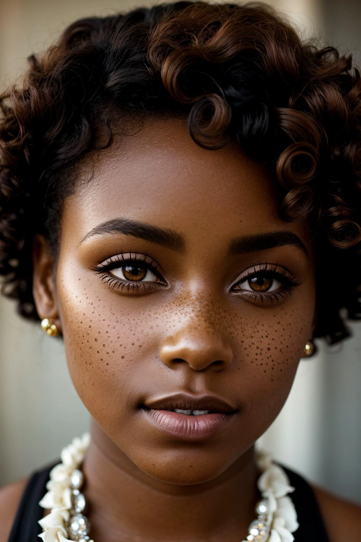 vintage style photo of (Stylish black woman with captivating gaze:1.2), Balanced composition, Freckled beauty, (Gorgeous brown eyes:1.3), Curly hair cascading, Subtle elegance, (Natural lighting:1.2). Retro, nostalgic, old-fashioned, timeless