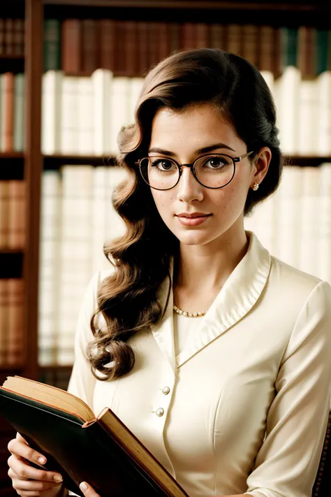 vintage style photo of (Elegant librarian with sleek glasses:1.3), Symmetrical balance, Curly hair cascading, Freckled cheeks, (Warm gaze:1.2), Calm demeanor, Serene atmosphere, Vintage reading room, Gentle light. Retro, nostalgic, old-fashioned, timeless