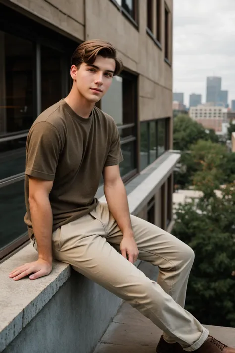 vintage style photo of Medium format digital photography, (Plain young man on ledge in casual attire:1.3), Centralized composition, Relaxed posture, (Simple earthy tones:1.2), Relatable look, Comfortable clothing, Urban setting, (Volumetric lighting:1.2), Captured with a Hasselblad H6D-400c MS, 80mm f/2.8 lens, Hyper-realistic textures, Detailed authenticity. Retro, nostalgic, old-fashioned, timeless