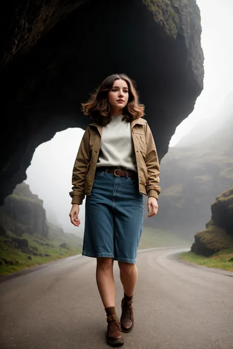 vintage style photo of Medium format Photorealistic highly detailed 8k photography, (Plain young woman in casual street wear:1.3), Best street shot quality, Dynamic Walking Pose, (Mid-Stride:1.3), Realistic skin, Volumetric lighting, Earthy, Hair texture, Clean ambiance, 360-Degree Panorama Inside a Cave, Foggy Scottish Highlands, Busy people. Retro, nostalgic, old-fashioned, timeless