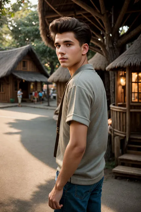 vintage style photo of Medium format photorealistic highly detailed 8k photography, (Plain young man in casual street wear:1.3), Best street shot quality, Volumetric lighting, Standing Sideways, Looking Over Shoulder, Realistic skin and hair texture, 360-Degree Panoramic View, Treehouse Villages bustling with busy people. Retro, nostalgic, old-fashioned, timeless