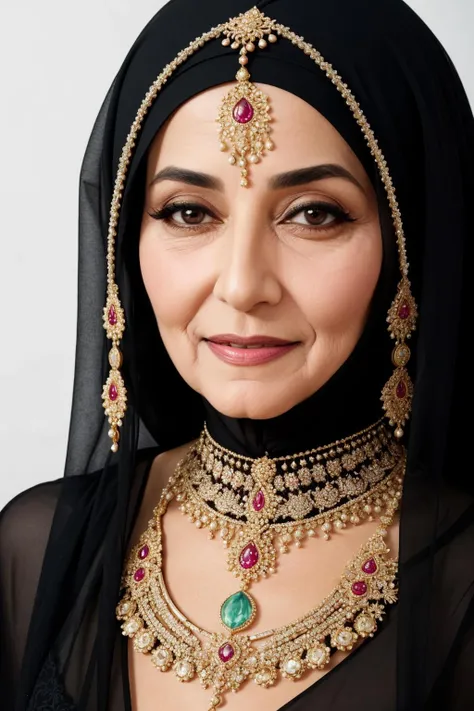 Produce a hyper-realistic portrait of a 70-year-old Arabic female wearing a hejab and a stunning dress adorned with intricate jewelry. The subject is set against a colored background that complements her clothing, with a warm and friendly expression that conveys wisdom and experience. The details of the jewelry are rendered in exquisite detail, and the subjectâs skin and eyes are ultra-detailed, with a touch of natural beauty that exudes grace and elegance.