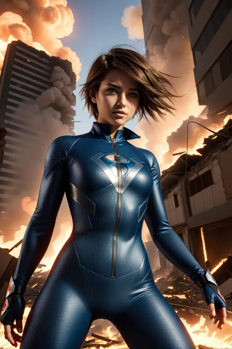 1girl, fighting, Terrible eyes, Short and messy hair, Female, torn tight supersuit, in a destroyed city, smoke and fire, glowing power aura, dynamic pose, dynamic view